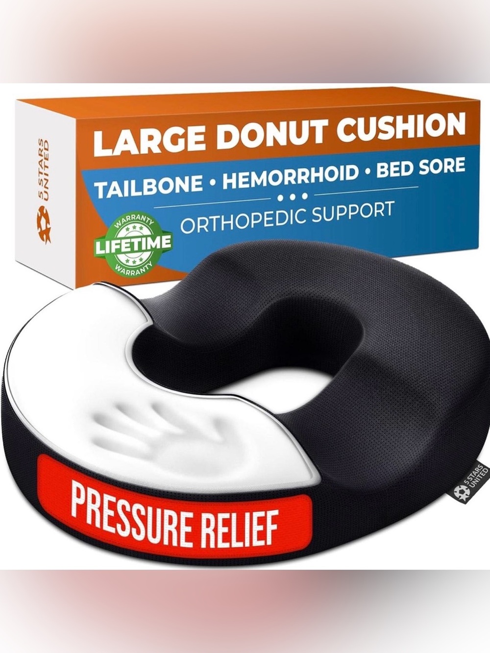 5 Star United Black Donut Cushion Orthopedic Seat for Pressure Relief